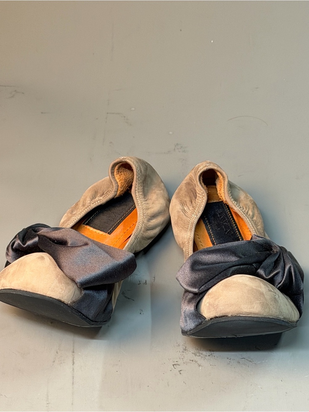 Lanvin Beige Suede Ballet Flats with Navy Satin Knot